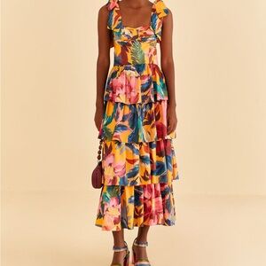 NWOT Farm Rio Yellow Flowers Tiered Midi Dress